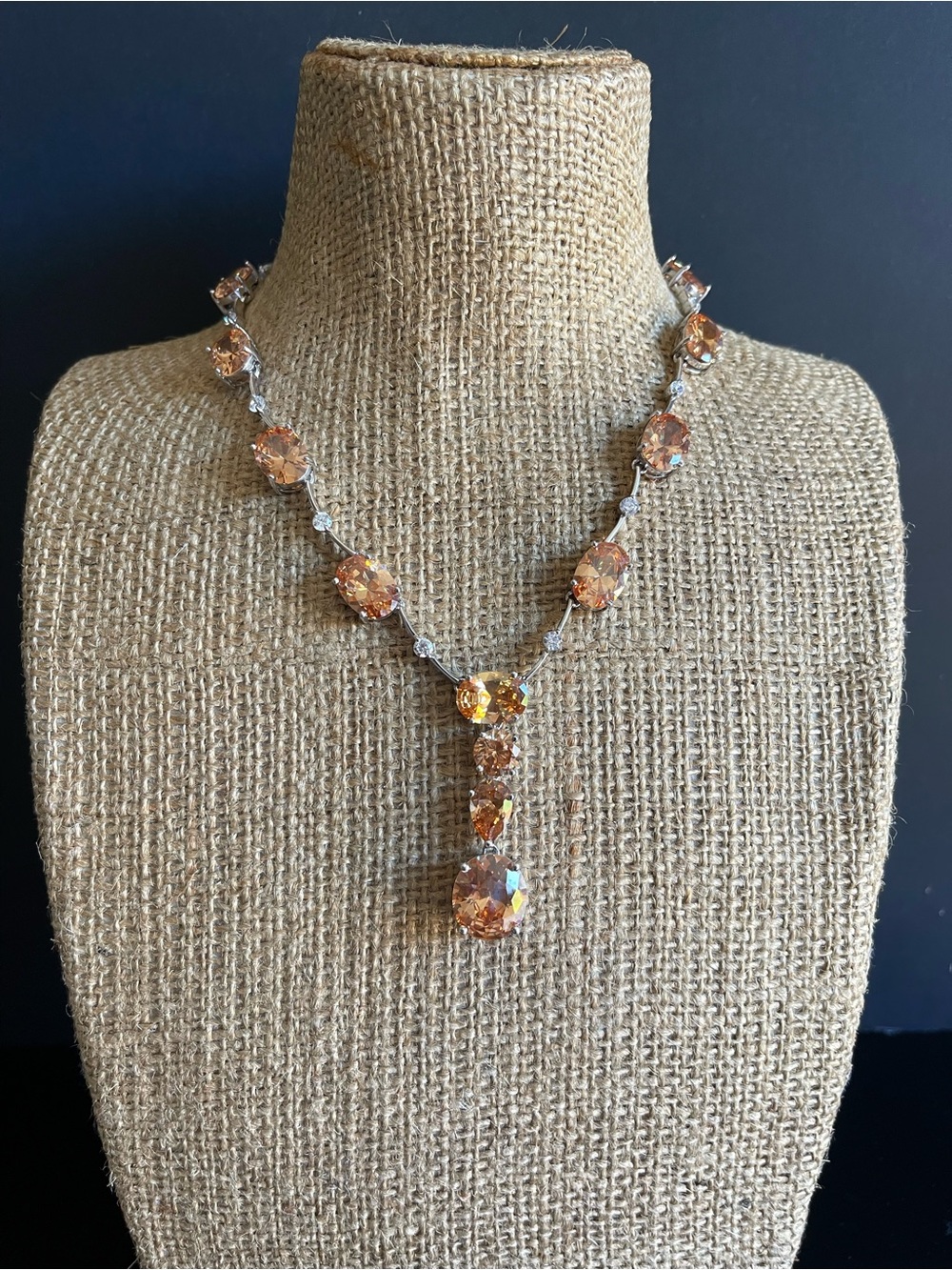 Elegant silver plated peach champagne CZ Drop Necklace.